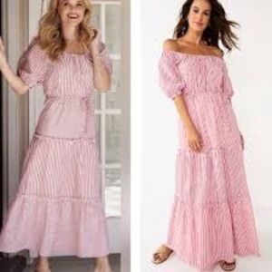 Draper James Pink Striped Off-Shoulder Tiered Maxi Dress. Medium